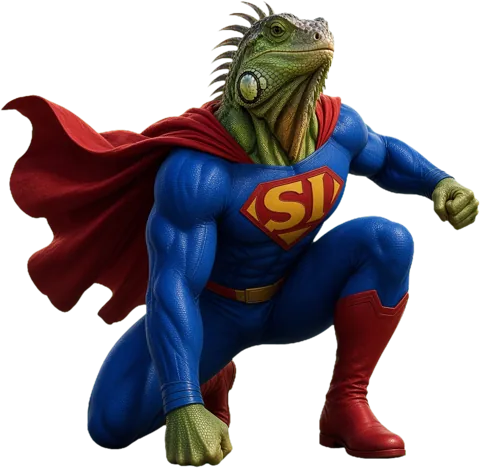 Super Iguana in a landing crouch